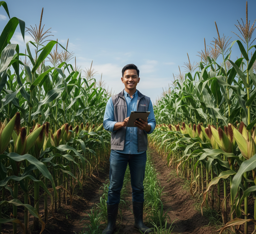 Dimas, petani milenial di Banyuwangi, tersenyum sambil memegang tablet di tengah hamparan jagung Program Makmur Pupuk Indonesia.