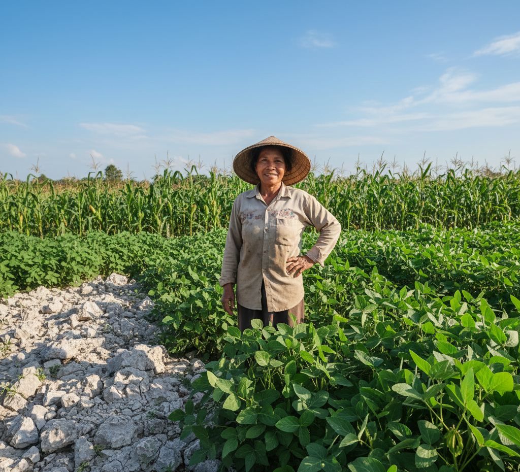 Bu Warsini, petani perempuan Gunung Kidul, tersenyum bangga di tengah lahan kedelai/jagung yang subur di tanah kapur yang tandus, menggambarkan keberhasilan Program Makmur Pupuk Indonesia.