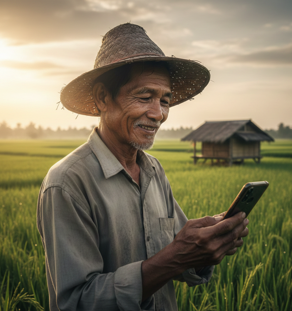 Seorang petani di Karawang sedang tersenyum melihat smartphone di tengah sawah hijau, menggambarkan kemudahan akses pupuk bersubsidi lewat transformasi digital Pupuk Indonesia.